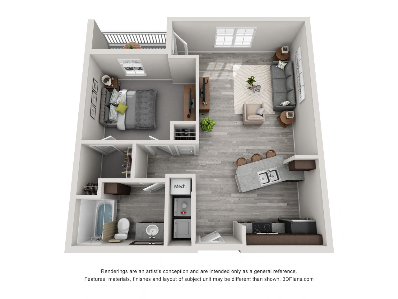Floor plan for 1 bed, 1 bath, 723 sqft